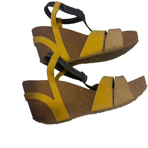 BioNatural by Bos & Co Wedge Sandals Blue & Mustard Yellow Leather Cork Size 9 - Picture 6 of 11